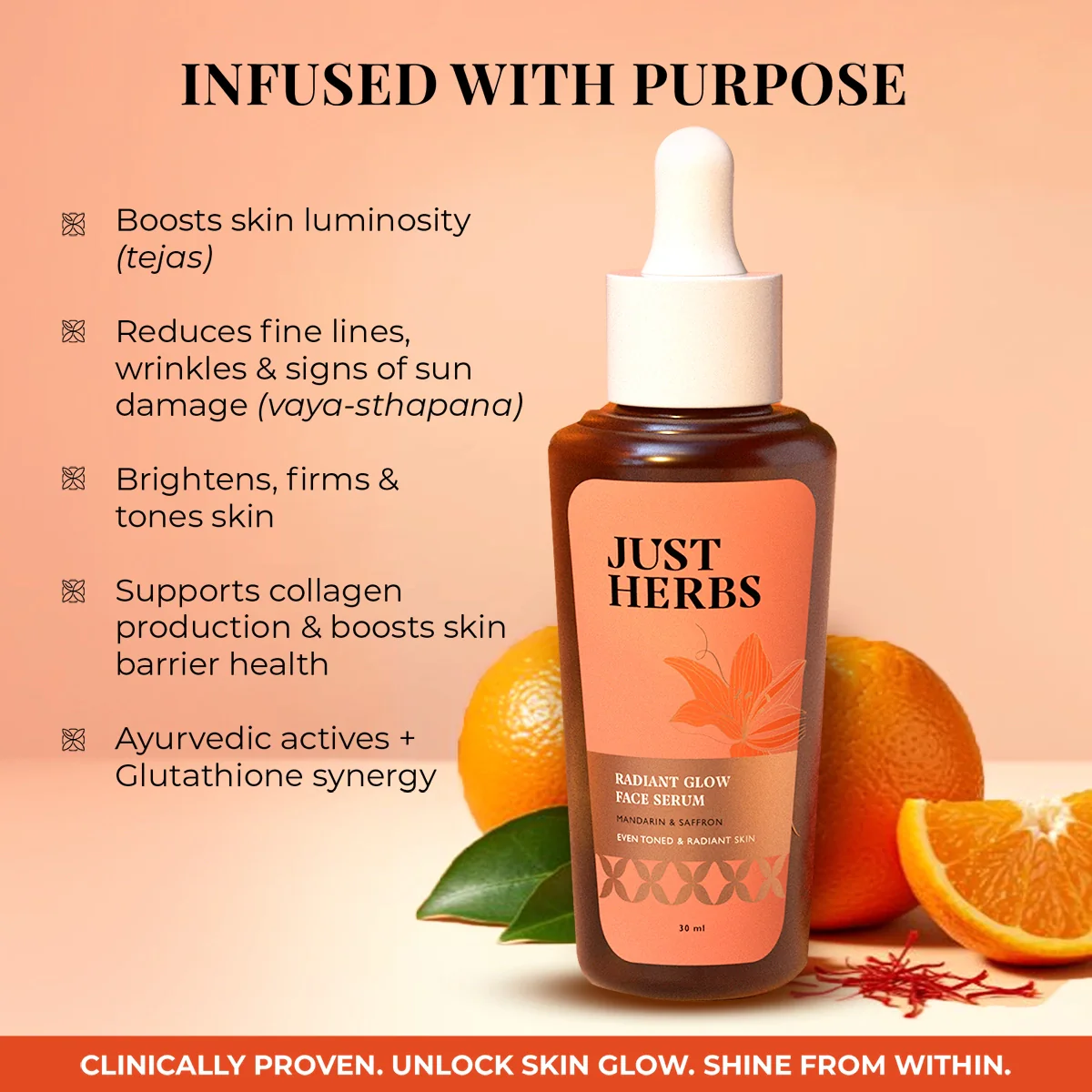Just Herbs Radiant Glow Face Serum with Mandarin & Saffron - 30ml - Image 4